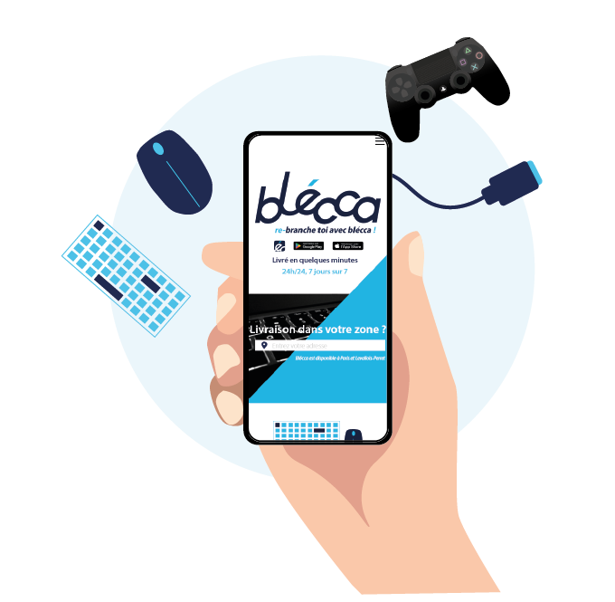 Illustration vectorielle, un cercle bleu en fond, avec des acceccoires informatique, tel qu'un clavier bleu, une souris bleu foncé, une manette de ps4 noir et un câble hdmi bleu foncé. Avec une main au centre tenant un téléphone ou se trouve un aperçu du site internet version mobile de blécca.