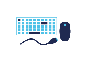 illustration d'un clavier d'ordinateur au touche bleu, et bleu foncé. Une souris bleu foncé et un câble hdmi de couleur bleu foncé.