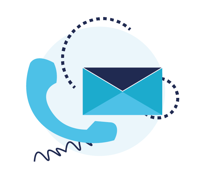 illustration de contact, avec un cercle bleu en fond, une enveloppe de couleur bleu clair et foncé et un téléphone de couleur bleu
